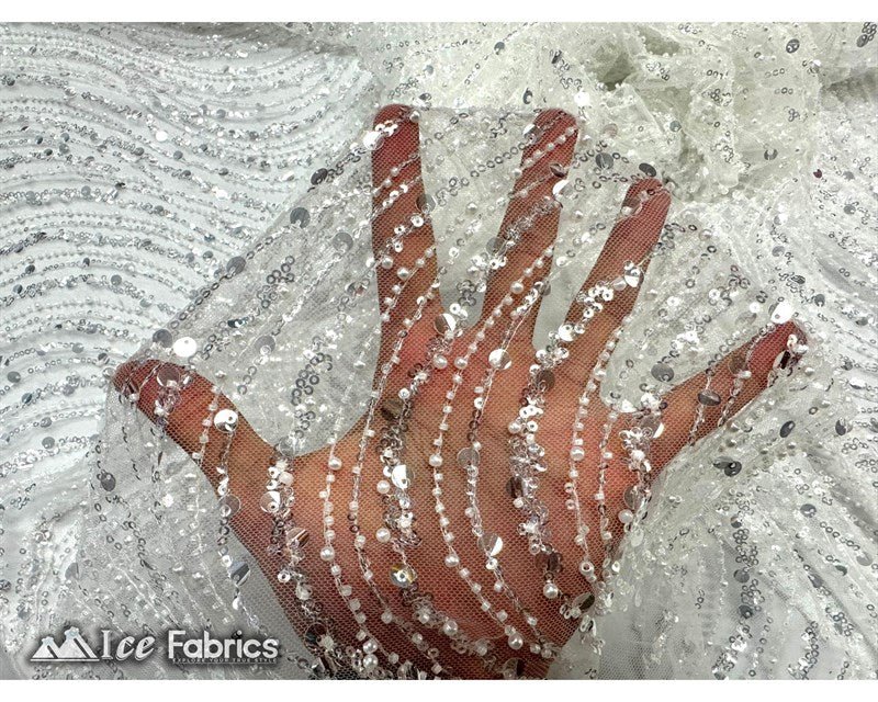 Off White Embroidered Sequin Fabric on Mesh Fabric