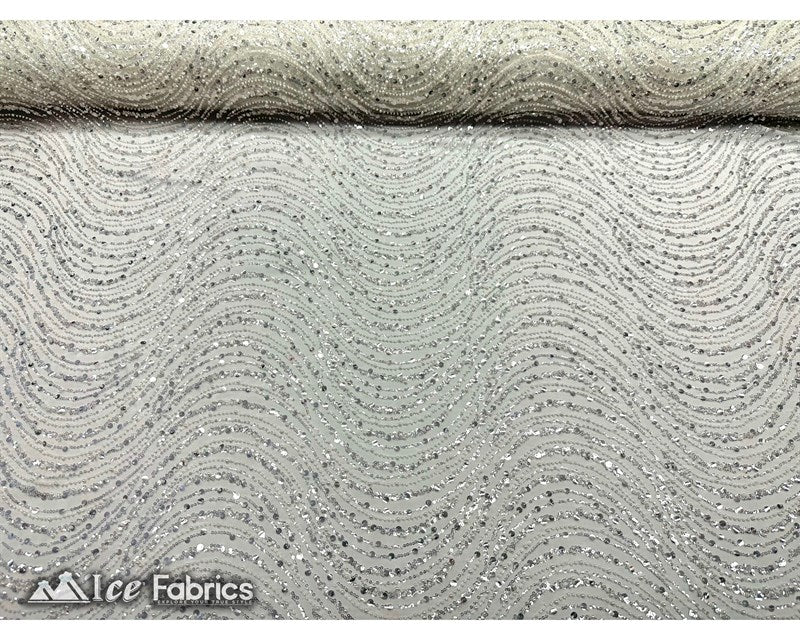 Off White Wavy Beaded Embroidered Sequin Fabric on Mesh Fabric