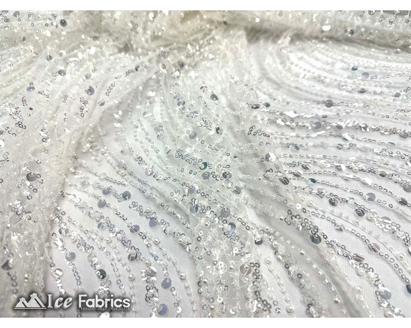 Off White Wavy Beaded Embroidered Sequin Fabric on Mesh Fabric