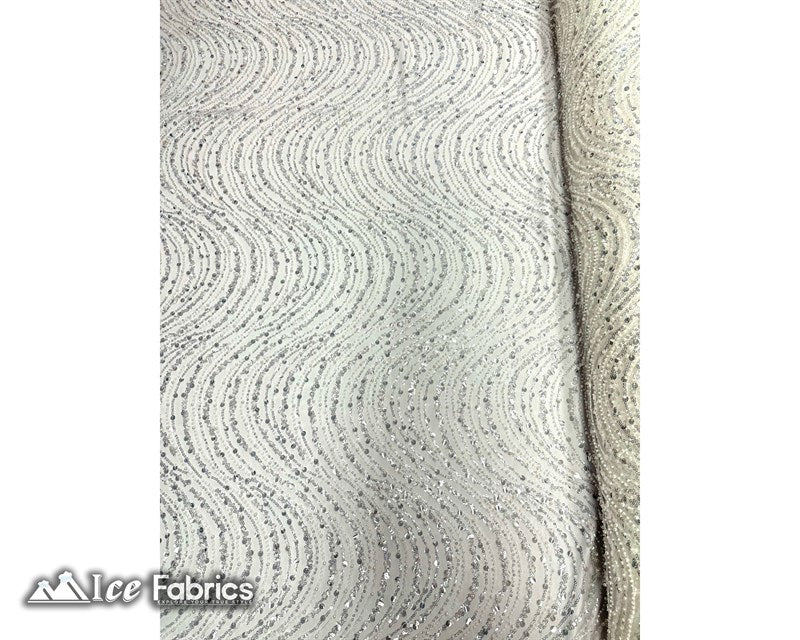 Off White Wavy Beaded Embroidered Sequin Fabric on Mesh Fabric