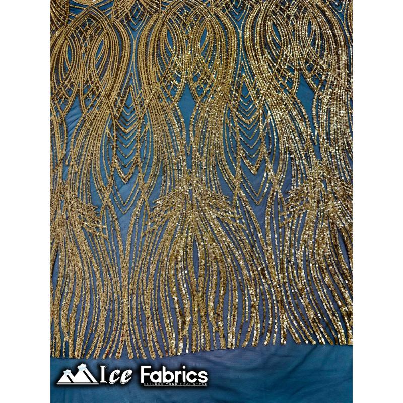 Peacock Sequin Fabric By The Yard 4 Way Stretch Spandex ICE FABRICS Gold on Black Mesh