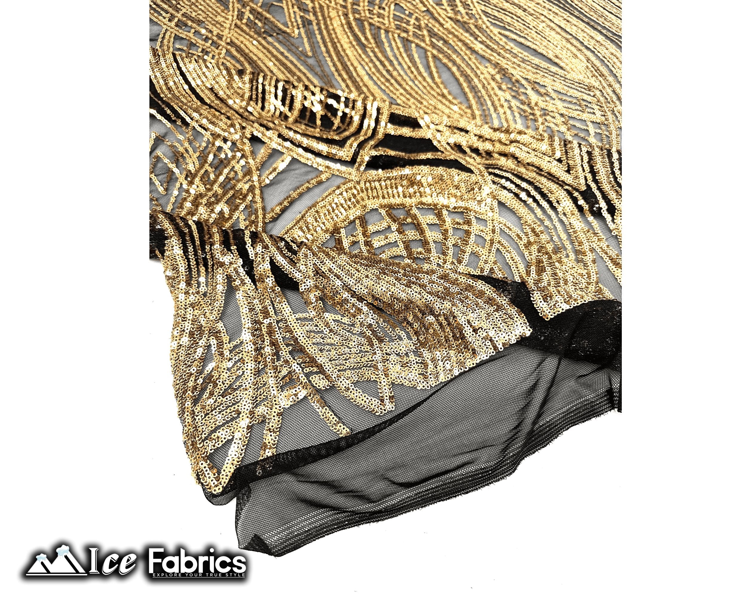 Peacock Sequin Fabric By The Yard 4 Way Stretch Spandex ICE FABRICS Gold on Black Mesh