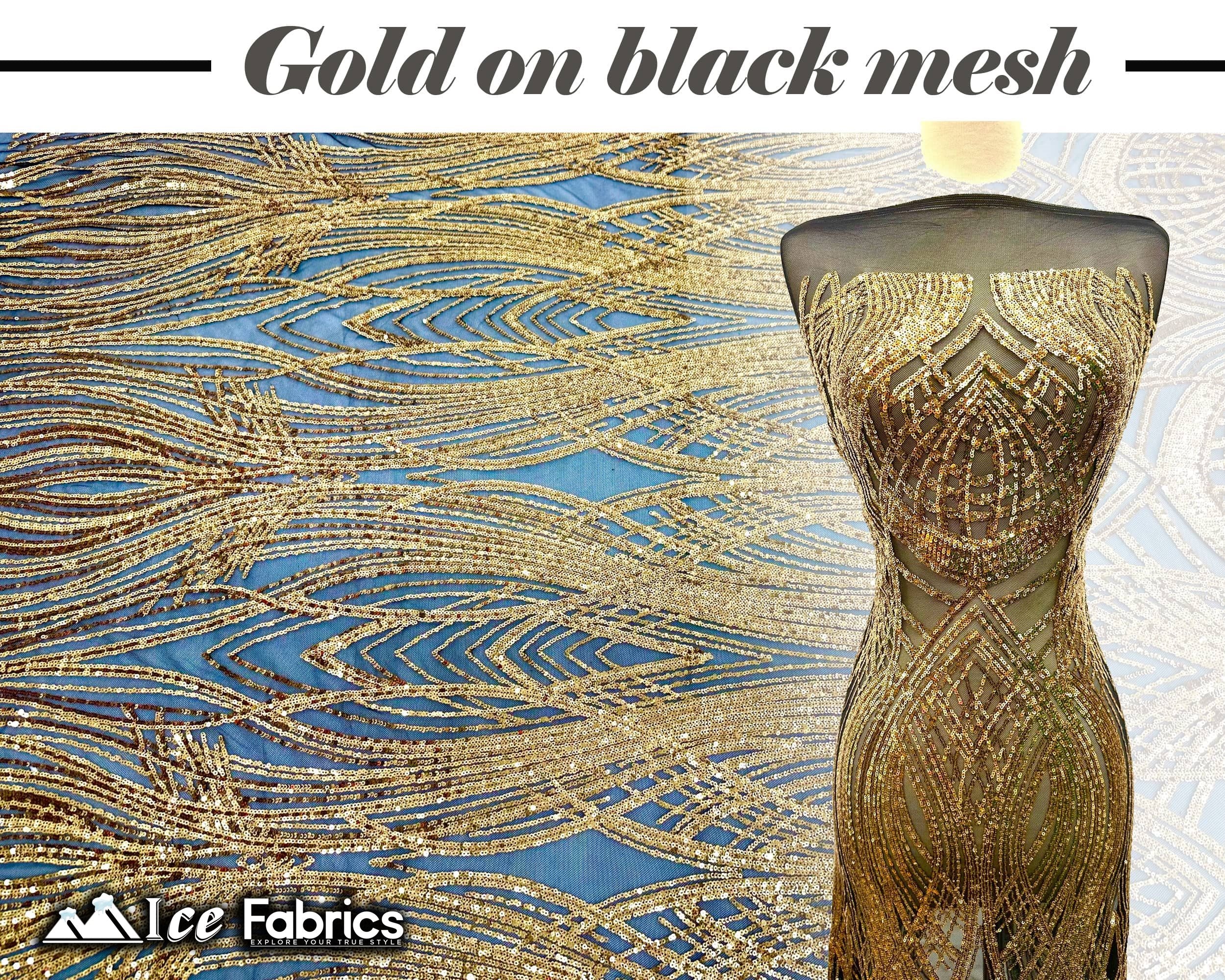 Peacock Sequin Fabric By The Yard 4 Way Stretch Spandex ICE FABRICS Gold on Black Mesh