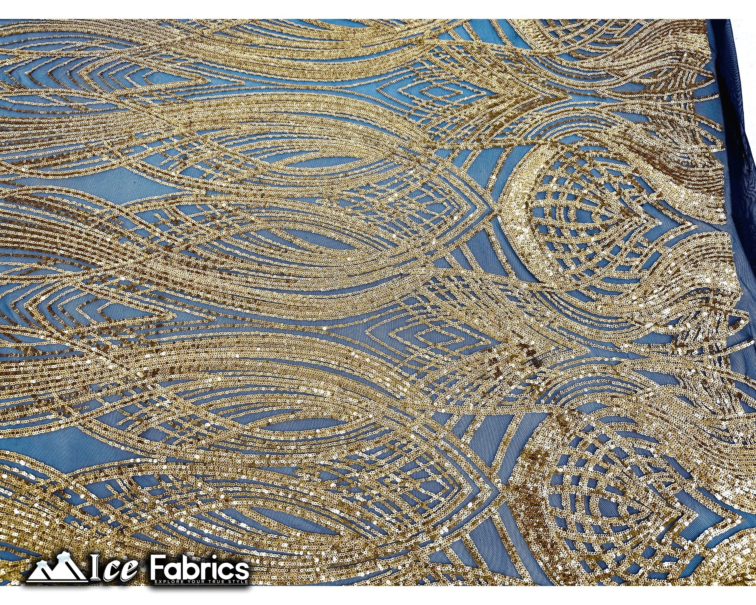 Peacock Sequin Fabric By The Yard 4 Way Stretch Spandex ICE FABRICS Gold on Black Mesh