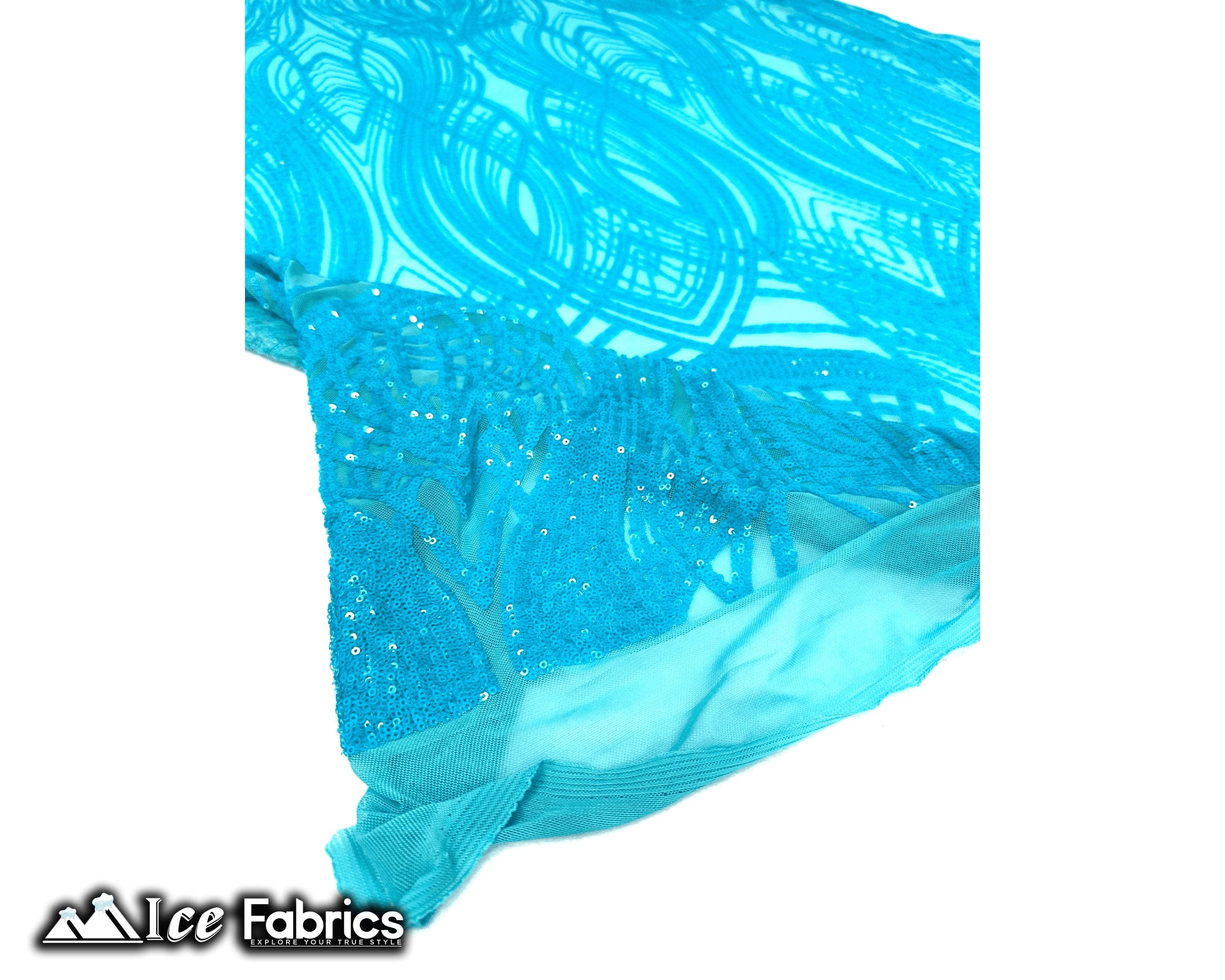 Peacock Sequin Fabric By The Yard 4 Way Stretch Spandex ICE FABRICS Iridescent Aqua Turquoise