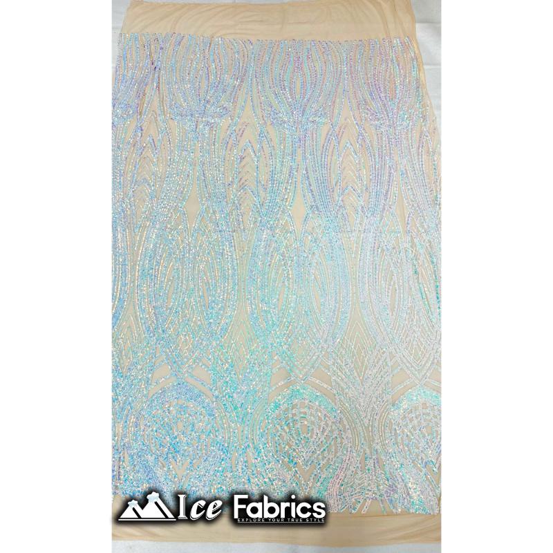 Peacock Sequin Fabric By The Yard 4 Way Stretch Spandex ICE FABRICS Iridescent Baby Blue on Nude Mesh