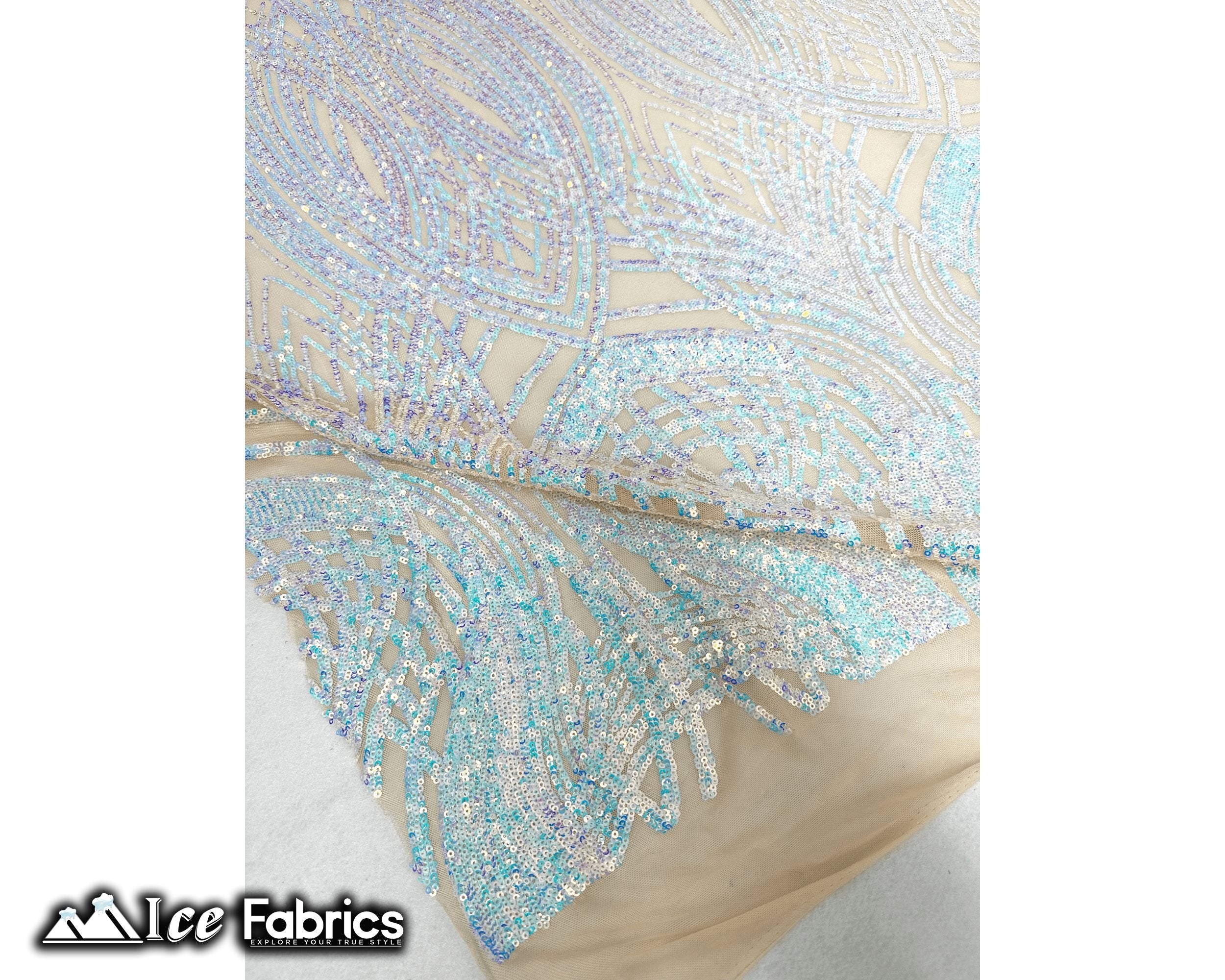 Peacock Sequin Fabric By The Yard 4 Way Stretch Spandex ICE FABRICS Iridescent Baby Blue on Nude Mesh