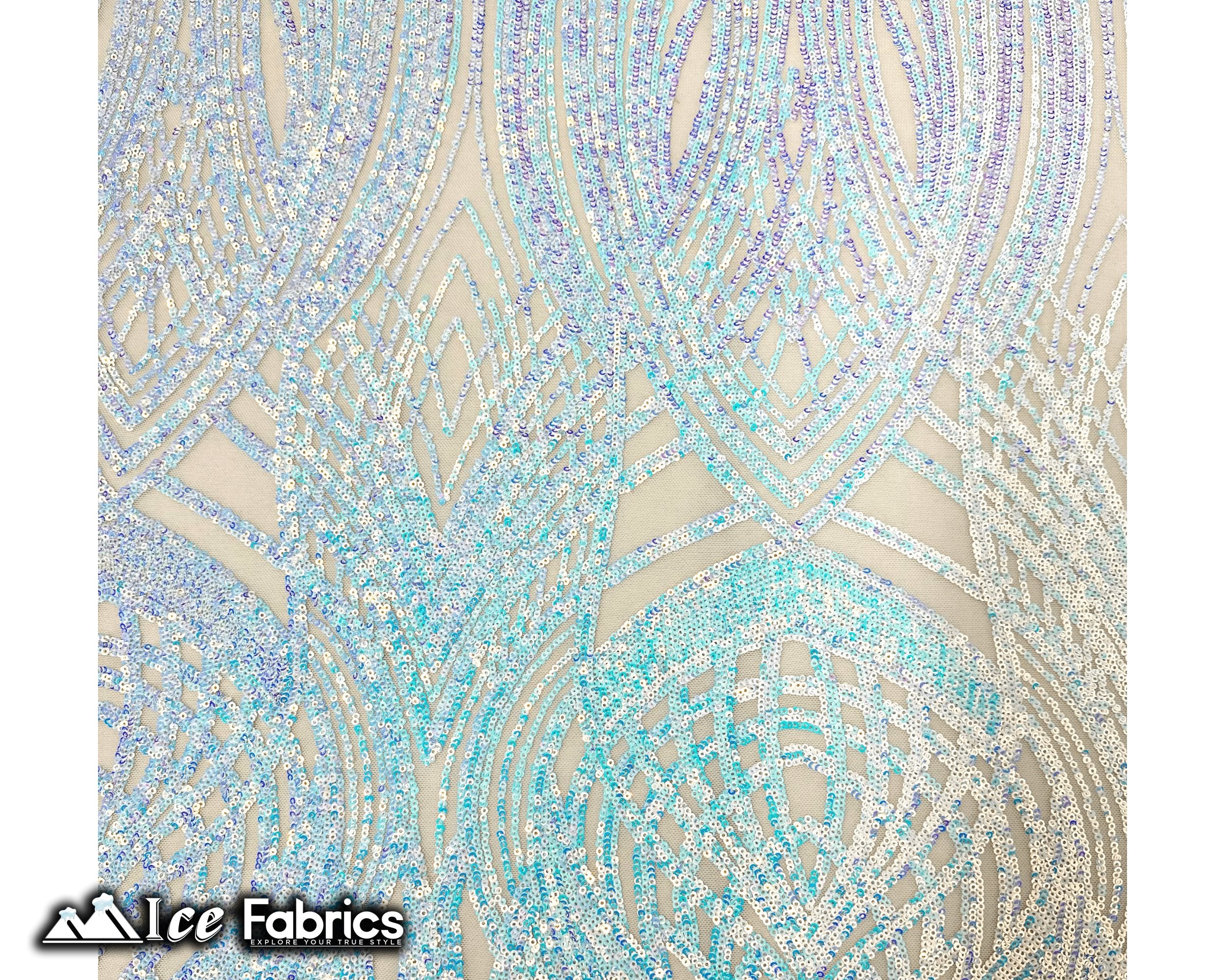 Peacock Sequin Fabric By The Yard 4 Way Stretch Spandex ICE FABRICS Iridescent Baby Blue on Nude Mesh