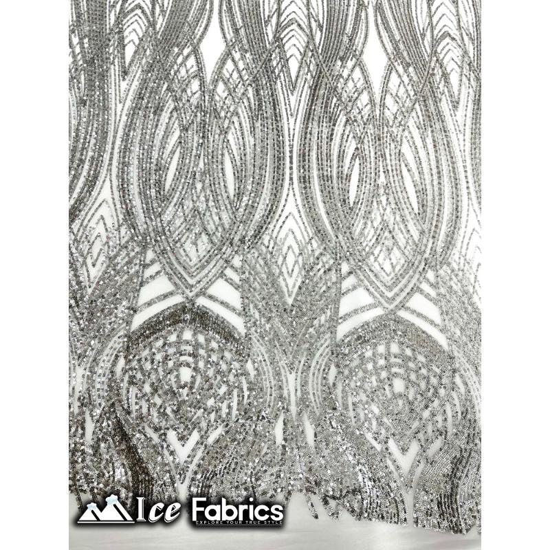 Peacock Sequin Fabric By The Yard 4 Way Stretch Spandex ICE FABRICS Silver on White Mesh