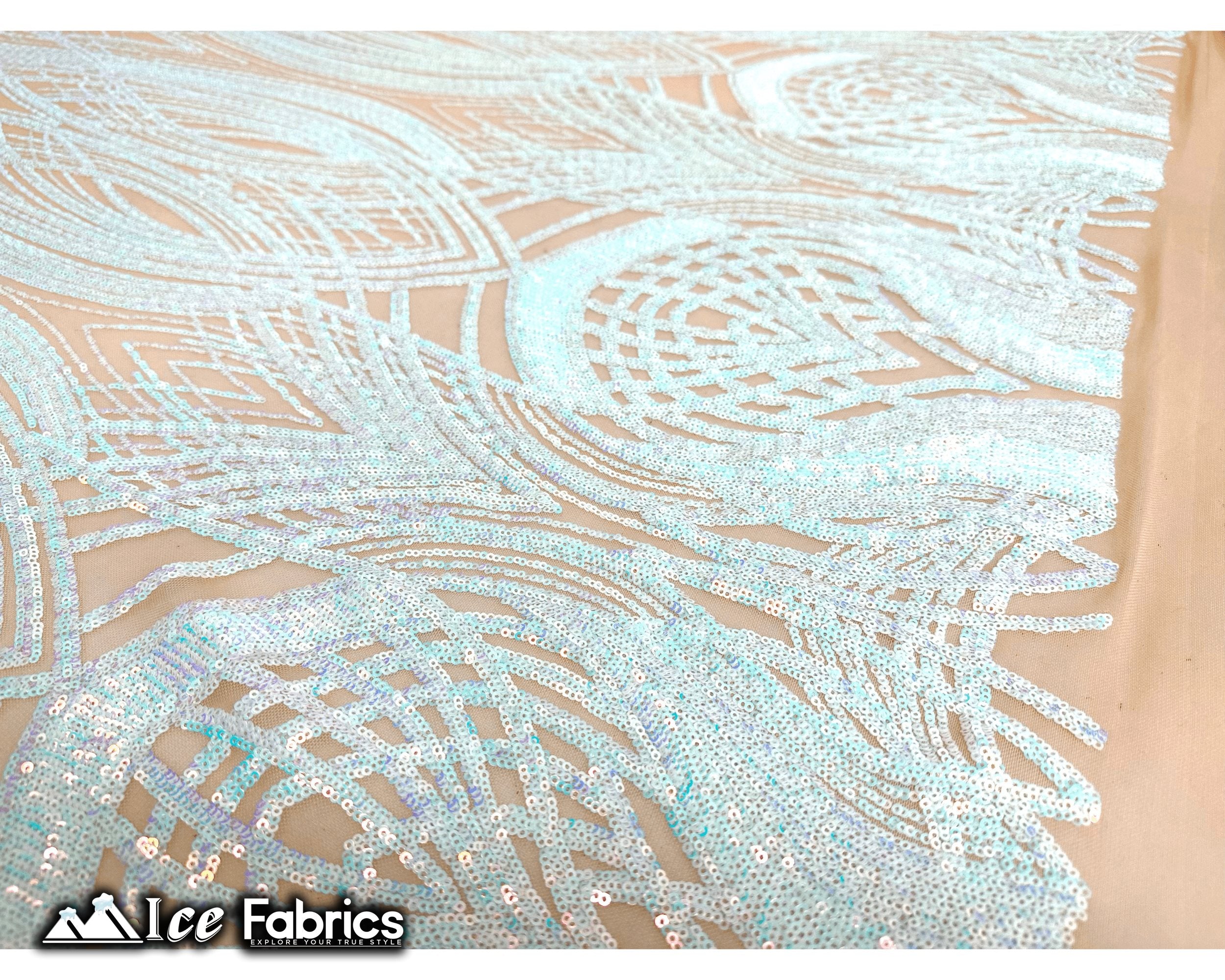 Peacock Sequin Fabric By The Yard 4 Way Stretch Spandex ICE FABRICS White Iridescent on Nude Mesh