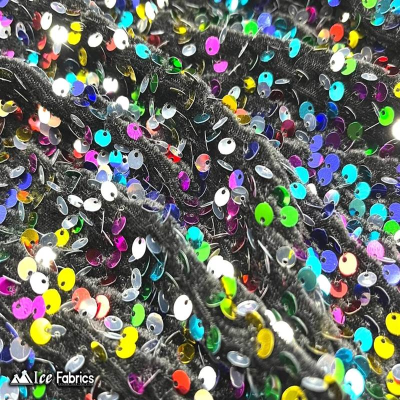 Emma Embroidery Sequins on Velvet Fabric | 2 Way Stretch ICE FABRICS Rainbow on Black Velvet