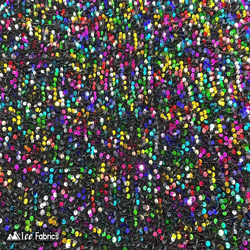 Emma Embroidery Sequins on Velvet Fabric | 2 Way Stretch ICE FABRICS Rainbow on Black Velvet