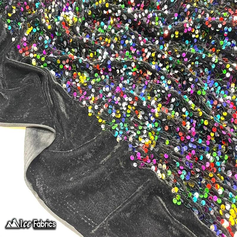Emma Embroidery Sequins on Velvet Fabric | 2 Way Stretch ICE FABRICS Rainbow on Black Velvet