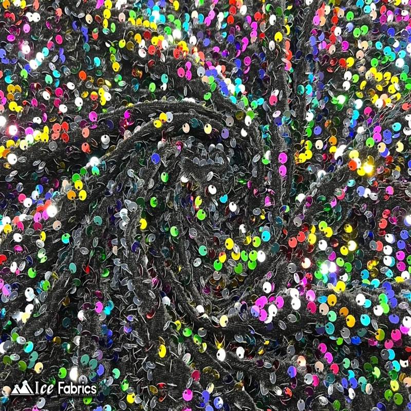 Emma Embroidery Sequins on Velvet Fabric | 2 Way Stretch ICE FABRICS Rainbow on Black Velvet