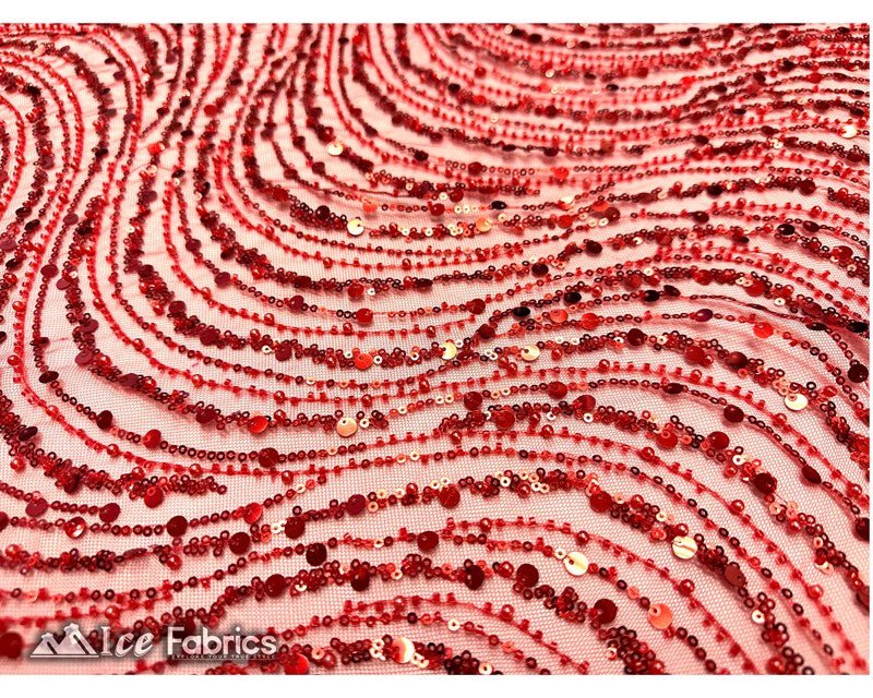 Red Wavy Beaded Embroidered Sequin Fabric on Mesh Fabric