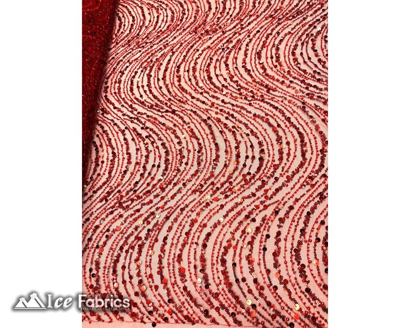 Red Wavy Beaded Embroidered Sequin Fabric on Mesh Fabric