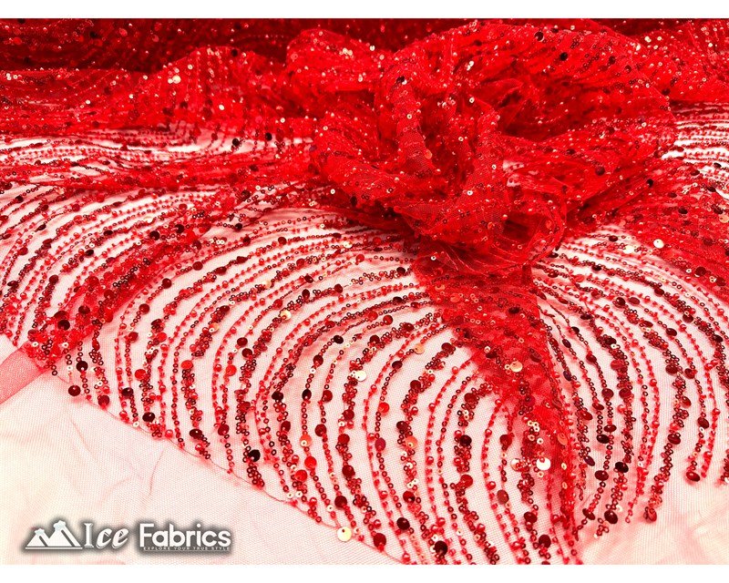 Red Wavy Beaded Embroidered Sequin Fabric on Mesh Fabric 2