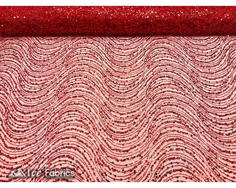 Red Wavy Beaded Embroidered Sequin Fabric on Mesh Fabric