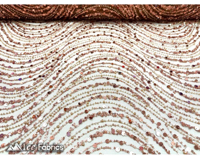Rose Gold Embroidered Sequin Fabric on Mesh Fabric