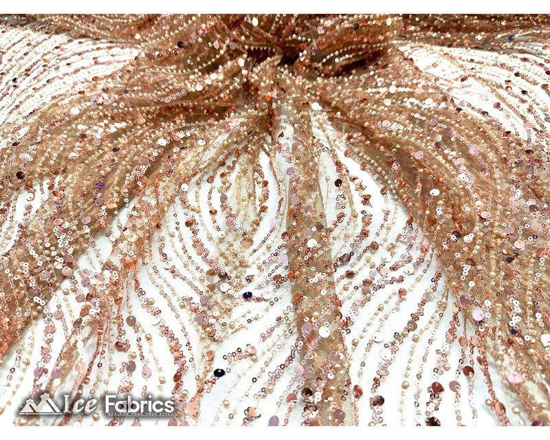 Rose Gold Embroidered Sequin Fabric on Mesh Fabric