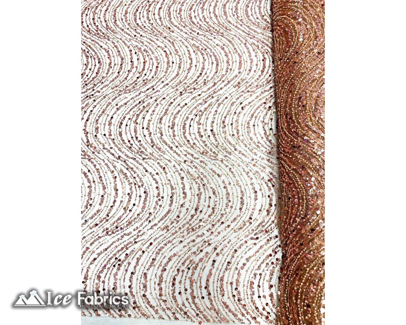 Rose Gold Wavy Beaded Embroidered Sequin Fabric on Mesh Fabric