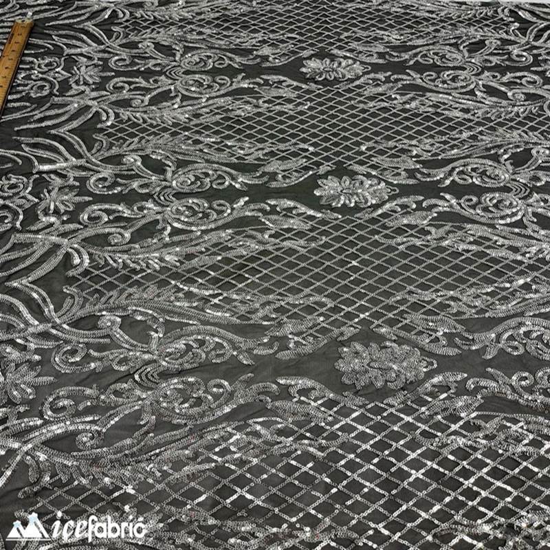 Mia Stretch Sequin Fabric |58” Wide| Embroidery Lace Mesh ICE FABRICS Silver