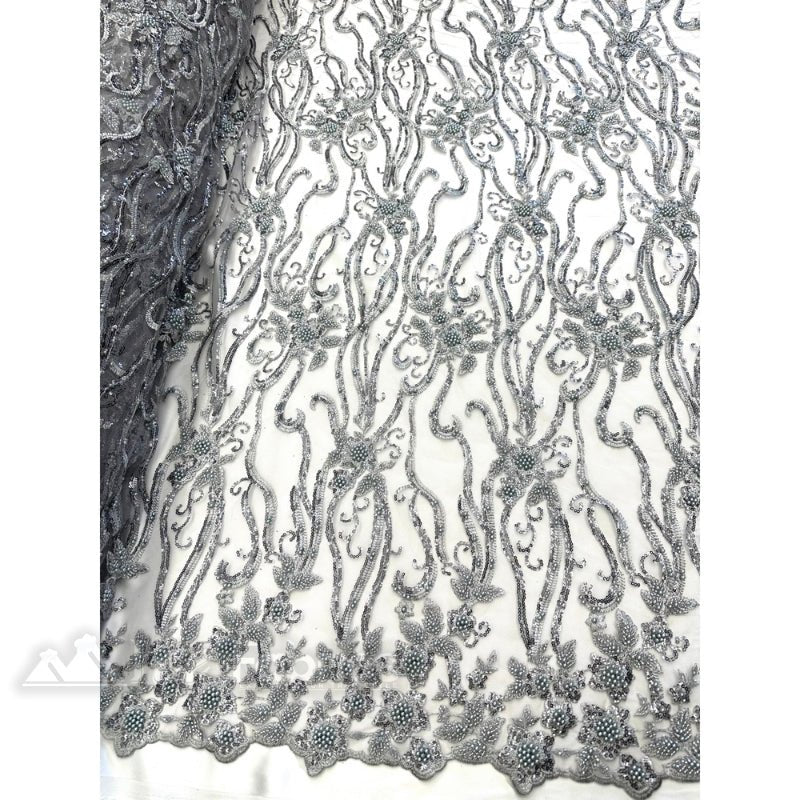 Silver Floral Beaded Lace Fabric By The Yard Embroidered Fabric 1