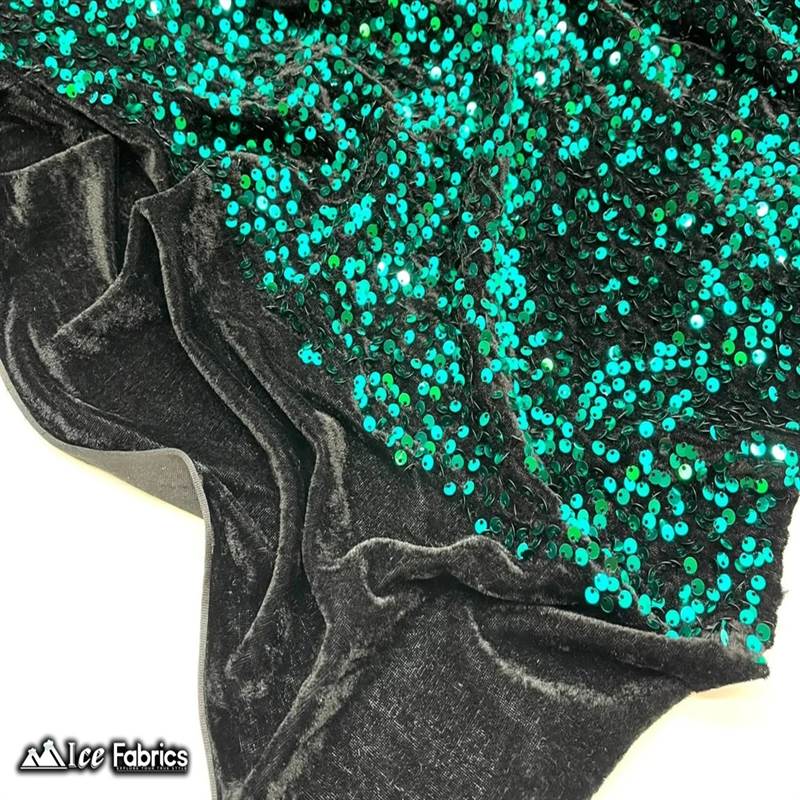 Emma Embroidery Sequins on Velvet Fabric | 2 Way Stretch ICE FABRICS Teal on Black