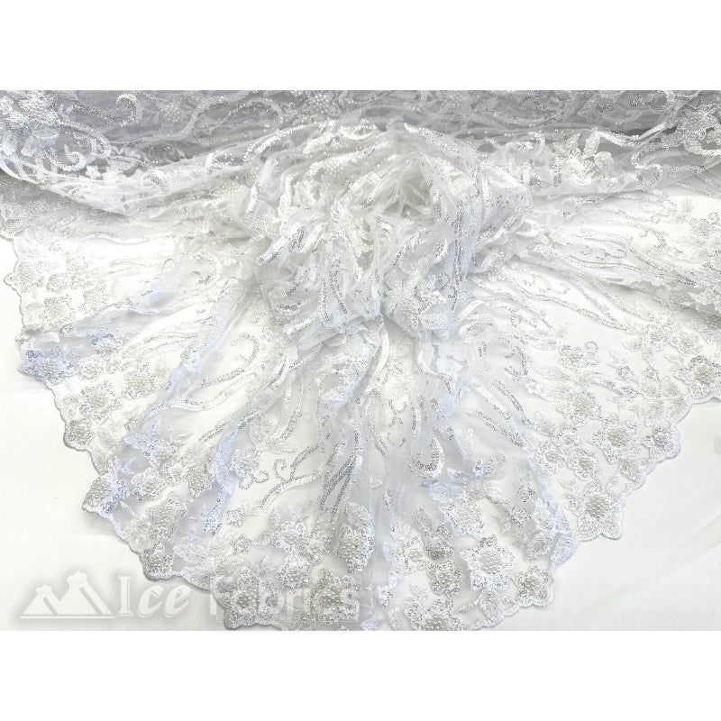 White Floral Beaded Lace Fabric By The Yard Embroidered Fabric 5