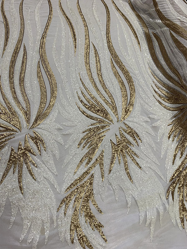 French Feather Embroidered Spandex 4 Way Stretch Sequin Mesh Lace FabricICEFABRICICE FABRICSGoldFrench Feather Embroidered Spandex 4 Way Stretch Sequin Mesh Lace Fabric ICEFABRIC White/Gold