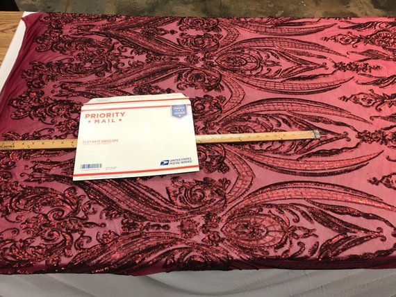 Arabic Designed Burgundy Embroidered 4 Way Stretch Sequin Fabric Sold By The YardICE FABRICSICE FABRICSBy The Yard (58" Wide)Arabic Designed Burgundy Embroidered 4 Way Stretch Sequin Fabric Sold By The Yard ICE FABRICS