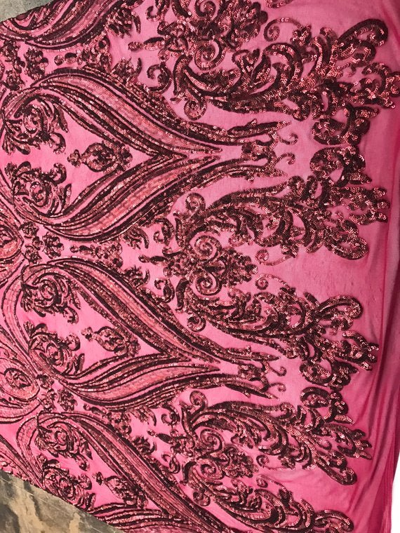 Arabic Designed Burgundy Embroidered 4 Way Stretch Sequin Fabric Sold By The YardICE FABRICSICE FABRICSBy The Yard (58" Wide)Arabic Designed Burgundy Embroidered 4 Way Stretch Sequin Fabric Sold By The Yard ICE FABRICS