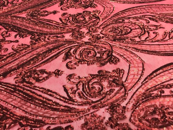 Arabic Designed Burgundy Embroidered 4 Way Stretch Sequin Fabric Sold By The YardICE FABRICSICE FABRICSBy The Yard (58" Wide)Arabic Designed Burgundy Embroidered 4 Way Stretch Sequin Fabric Sold By The Yard ICE FABRICS