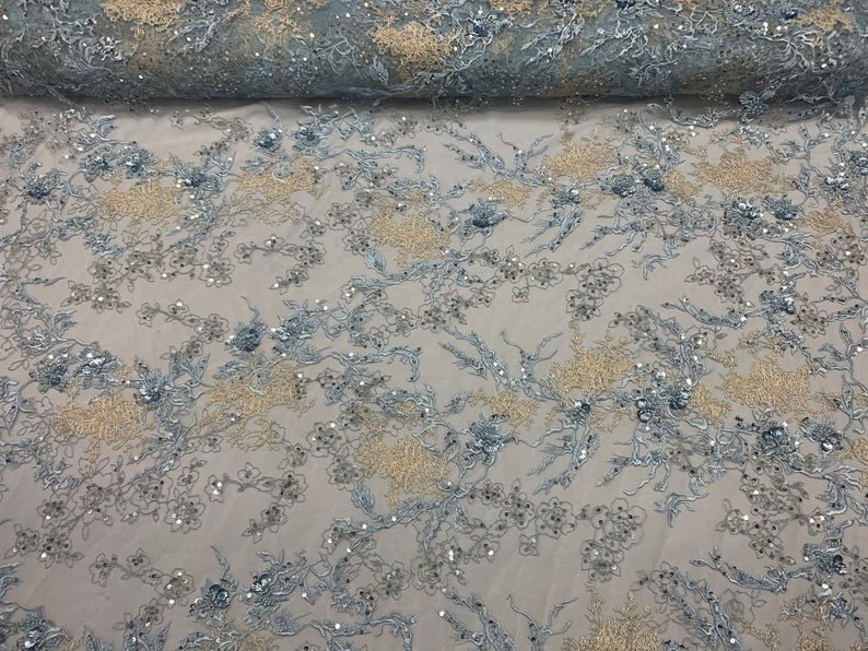 Baby Blue and Ivory Sequin Floral Bridal Fabric/ Beaded Fabric/ 3D Lace FabricICE FABRICSICE FABRICSBaby Blue and Ivory Sequin Floral Bridal Fabric/ Beaded Fabric/ 3D Lace Fabric ICE FABRICS