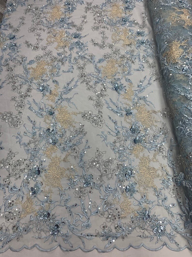 3D Baby Blue and Ivory Floral Sequin Embroidery Bridal Lace Fabric