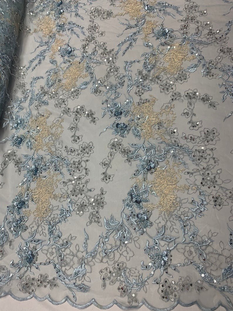 Baby Blue and Ivory Sequin Floral Bridal Fabric/ Beaded Fabric/ 3D Lace FabricICE FABRICSICE FABRICSBaby Blue and Ivory Sequin Floral Bridal Fabric/ Beaded Fabric/ 3D Lace Fabric ICE FABRICS