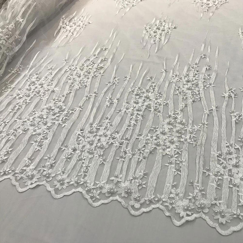 Beaded Embroidered Floral Mesh Dress Lace Fabric by YardICE FABRICSICE FABRICSWhiteBeaded Embroidered Floral Mesh Dress Lace Fabric by Yard ICE FABRICS White