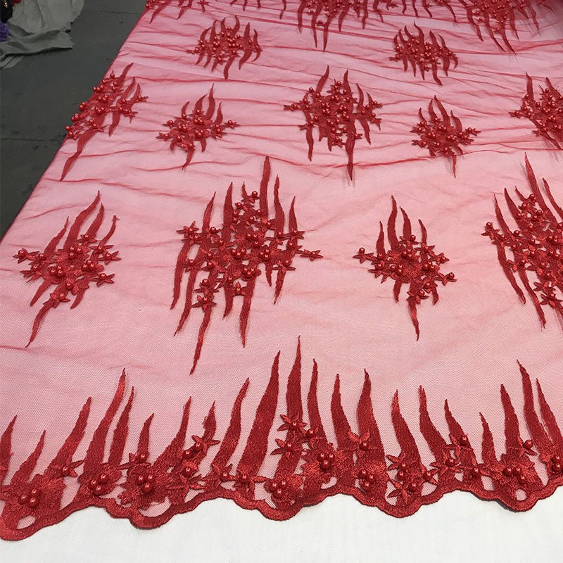 Beaded Embroidered Floral Mesh Dress Lace Fabric by YardICE FABRICSICE FABRICSRedBeaded Embroidered Floral Mesh Dress Lace Fabric by Yard ICE FABRICS Red