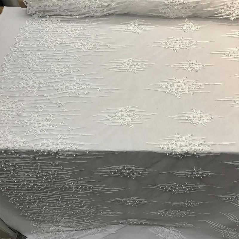 Beaded Embroidered Floral Mesh Dress Lace Fabric by YardICE FABRICSICE FABRICSWhiteBeaded Embroidered Floral Mesh Dress Lace Fabric by Yard ICE FABRICS White