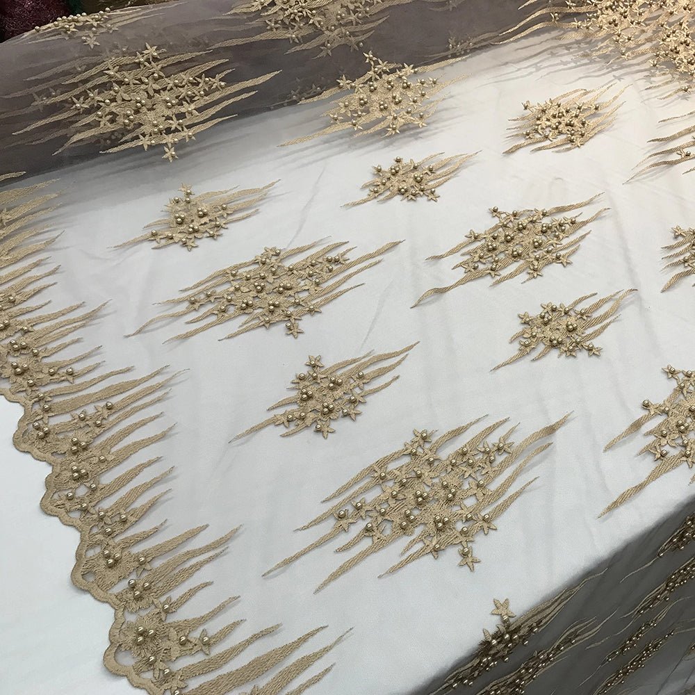 Beaded Embroidered Floral Mesh Dress Lace Fabric by YardICE FABRICSICE FABRICSLight PinkBeaded Embroidered Floral Mesh Dress Lace Fabric by Yard ICE FABRICS Dark Gold