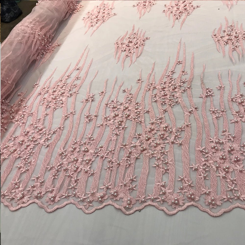 Beaded Embroidered Floral Mesh Dress Lace Fabric by YardICE FABRICSICE FABRICSRedBeaded Embroidered Floral Mesh Dress Lace Fabric by Yard ICE FABRICS Light Pink