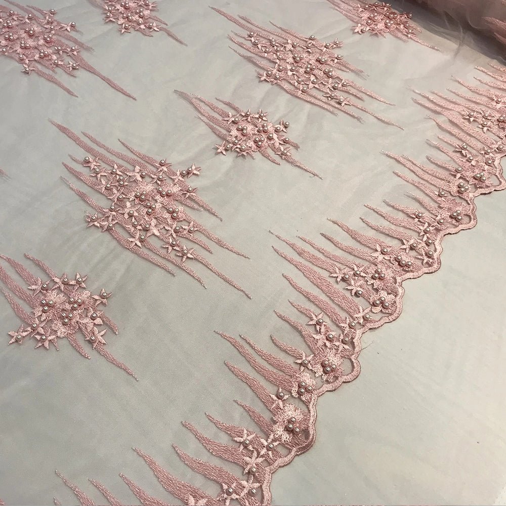 Beaded Embroidered Floral Mesh Dress Lace Fabric by YardICE FABRICSICE FABRICSRedBeaded Embroidered Floral Mesh Dress Lace Fabric by Yard ICE FABRICS Light Pink