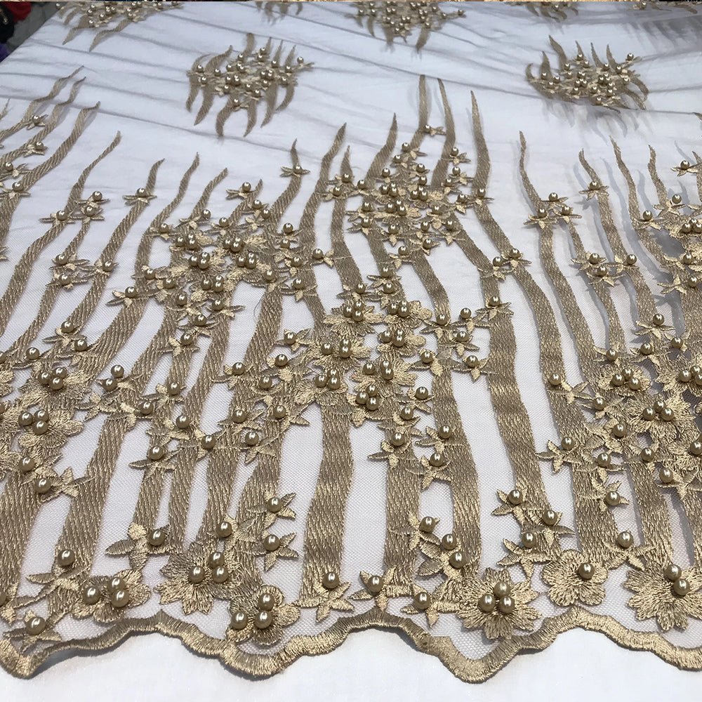 Beaded Embroidered Floral Mesh Dress Lace Fabric by YardICE FABRICSICE FABRICSLight PinkBeaded Embroidered Floral Mesh Dress Lace Fabric by Yard ICE FABRICS Dark Gold