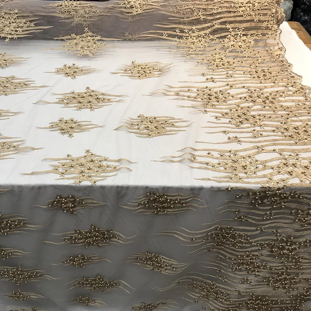 Beaded Embroidered Floral Mesh Dress Lace Fabric by YardICE FABRICSICE FABRICSDark GoldBeaded Embroidered Floral Mesh Dress Lace Fabric by Yard ICE FABRICS Dark Gold