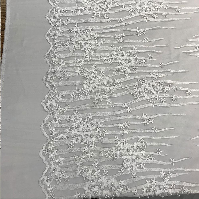 Beaded Embroidered Floral Mesh Dress Lace Fabric by YardICE FABRICSICE FABRICSWhiteBeaded Embroidered Floral Mesh Dress Lace Fabric by Yard ICE FABRICS White