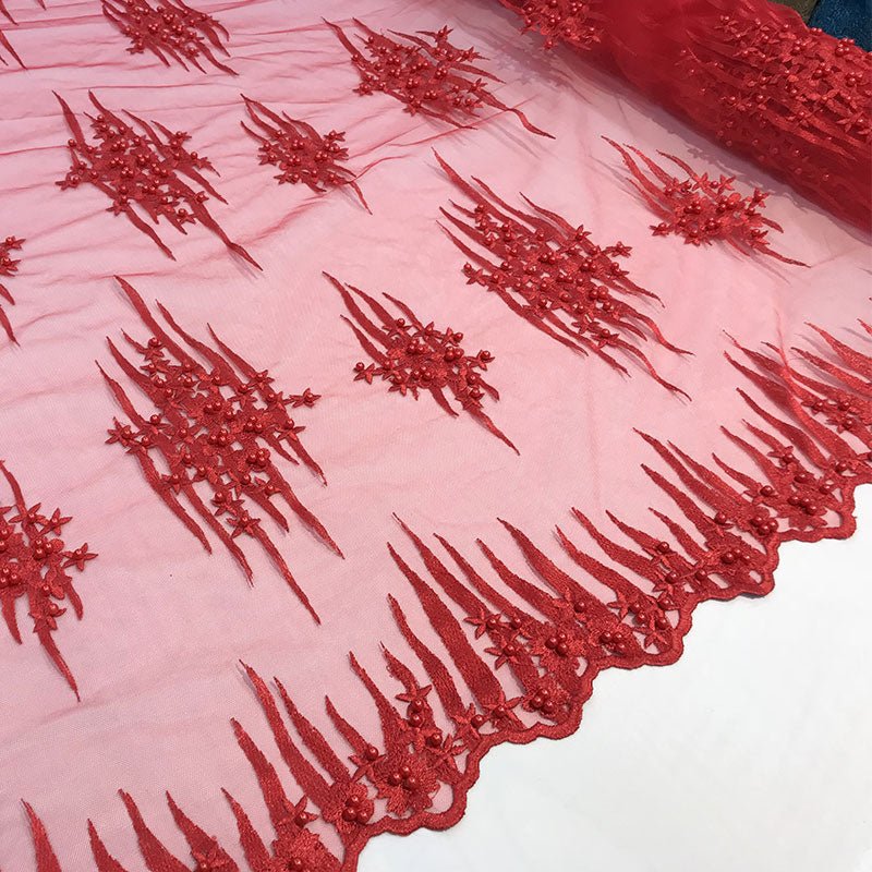 Beaded Embroidered Floral Mesh Dress Lace Fabric by YardICE FABRICSICE FABRICSRedBeaded Embroidered Floral Mesh Dress Lace Fabric by Yard ICE FABRICS Red