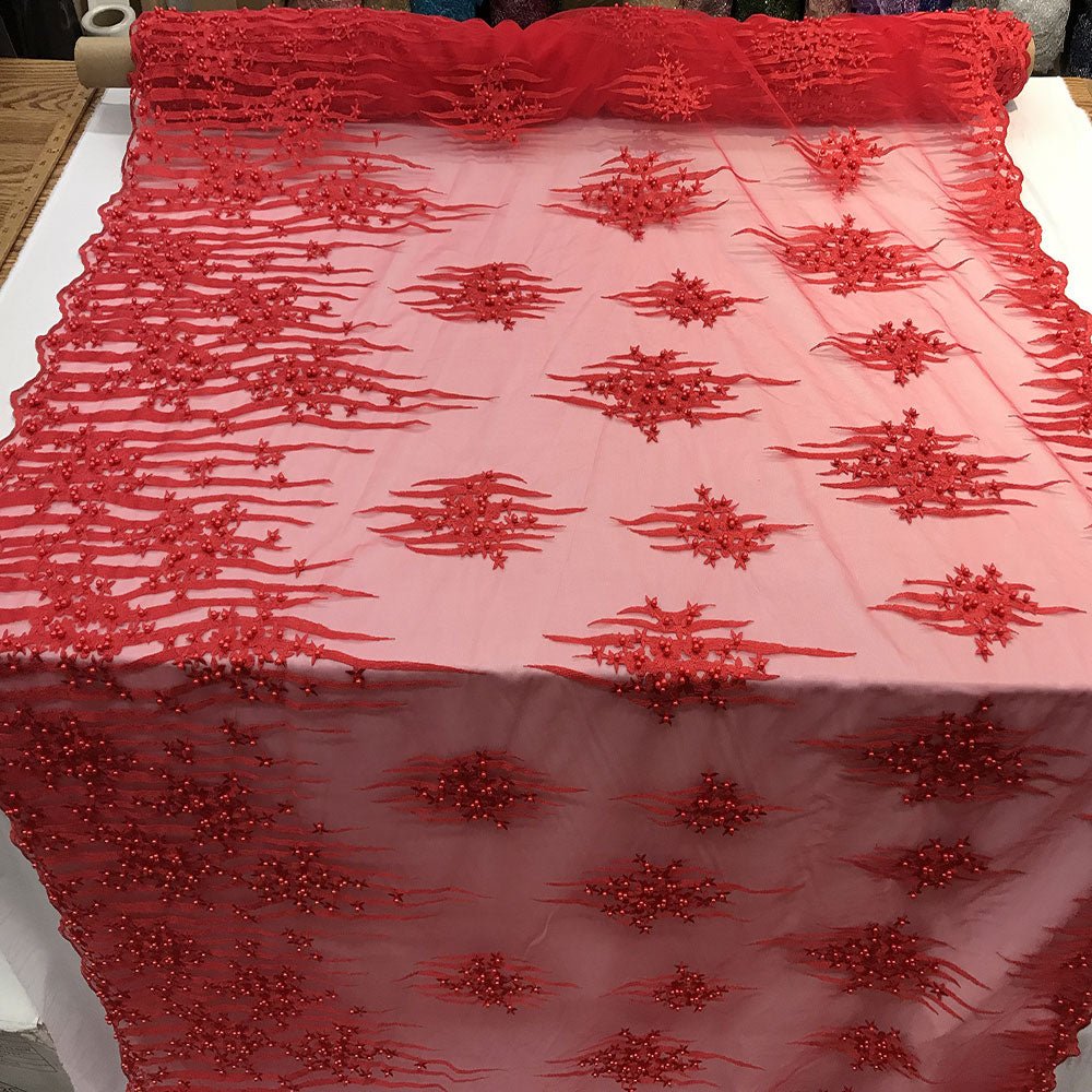 Beaded Embroidered Floral Mesh Dress Lace Fabric by YardICE FABRICSICE FABRICSRedBeaded Embroidered Floral Mesh Dress Lace Fabric by Yard ICE FABRICS Red