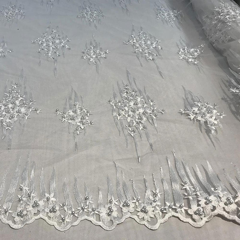 Beaded Embroidered Floral Mesh Dress Lace Fabric by YardICE FABRICSICE FABRICSWhiteBeaded Embroidered Floral Mesh Dress Lace Fabric by Yard ICE FABRICS White