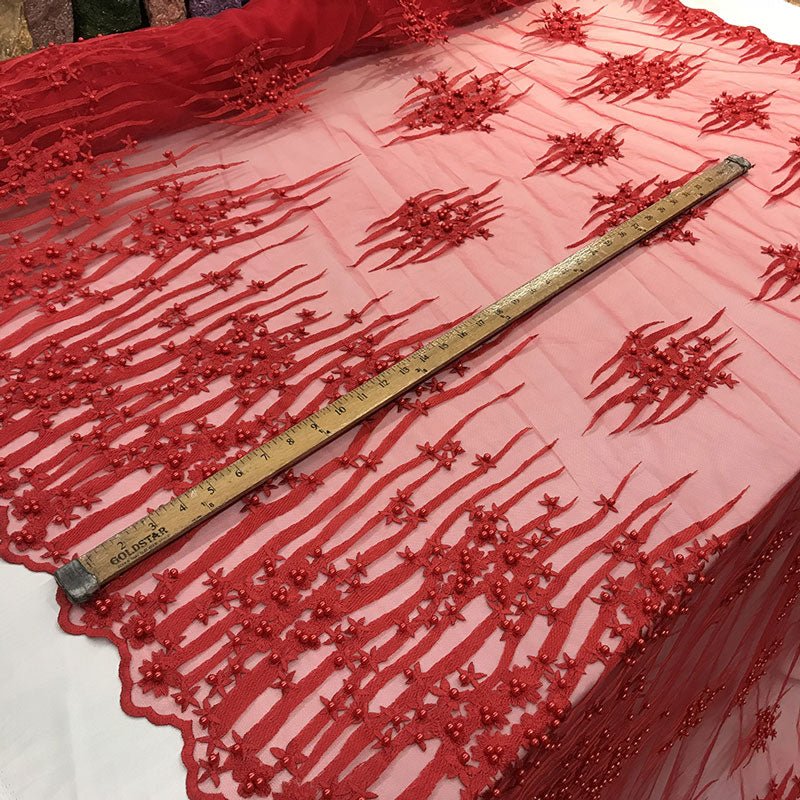 Beaded Embroidered Floral Mesh Dress Lace Fabric by YardICE FABRICSICE FABRICSRedBeaded Embroidered Floral Mesh Dress Lace Fabric by Yard ICE FABRICS Red