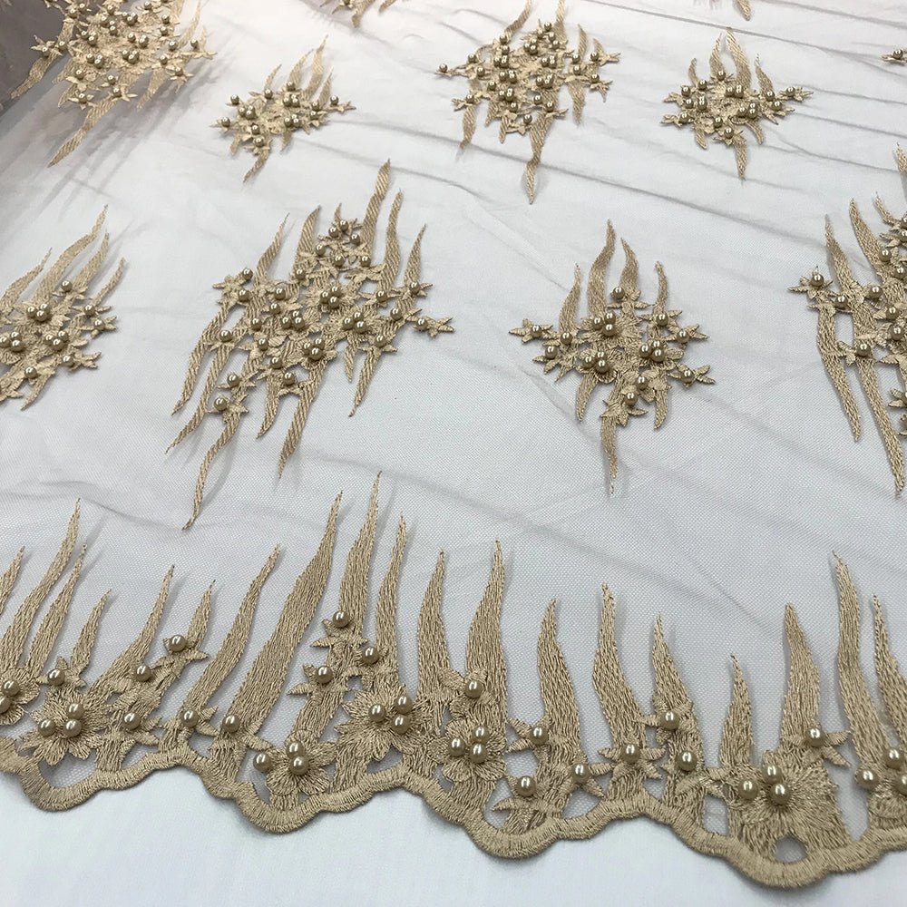 Beaded Embroidered Floral Mesh Dress Lace Fabric by YardICE FABRICSICE FABRICSLight PinkBeaded Embroidered Floral Mesh Dress Lace Fabric by Yard ICE FABRICS Dark Gold